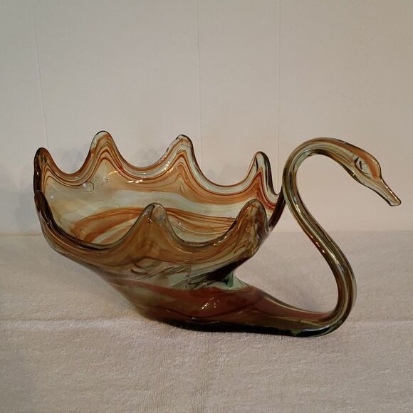 Exquisite Vtg Swirly Colored Glass Swan Bowl Dish - Picture 1 of 11